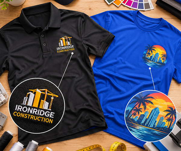 Side-by-side comparison of embroidered polo shirts and printed t-shirts showing the difference between embroidery and custom apparel printing.