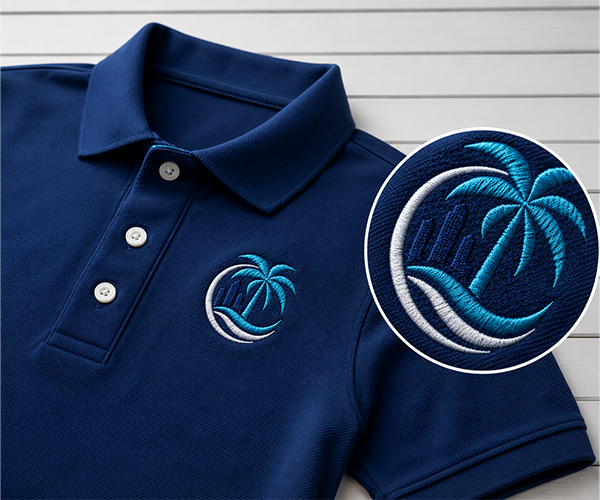 Detailed view of a professionally embroidered logo on a polo shirt highlighting stitch quality before ordering custom embroidery in Miami.
