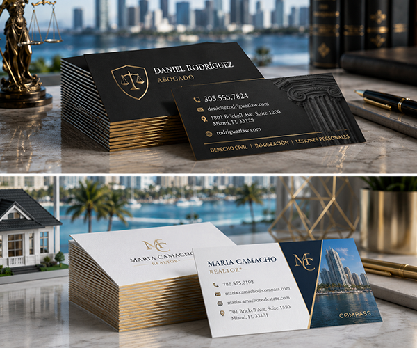 Custom business cards for a Miami lawyer and realtor with professional branded designs