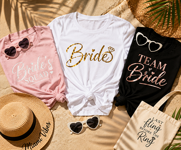 Get matching custom bachelorette party shirts for your bride squad. Stylish shirts, tote bags, and accessories for the perfect weekend trip. Shop now!