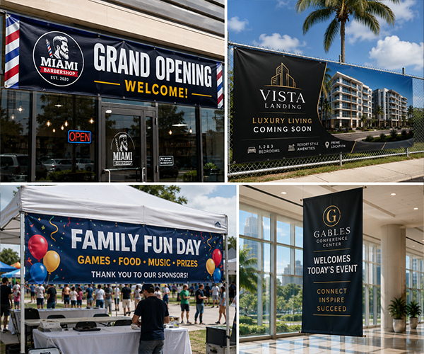 Custom banners and business signage for a barbershop, construction site, event, and conference center in Miami