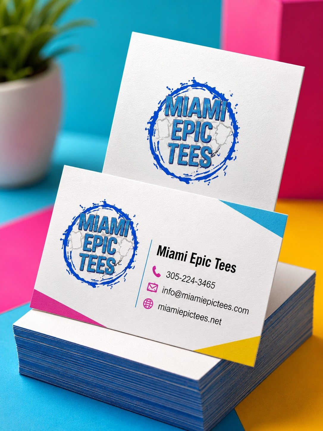 Custom business cards for Miami Epic Tees with branded logo and contact information