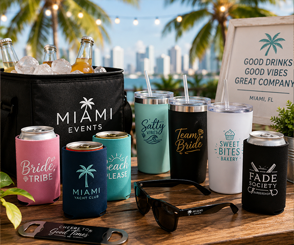 Design custom tumblers, stainless steel cups, and neoprene can coolers for events, parties, and corporate giveaways. Order personalized drinkware today!
