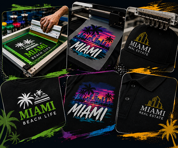 Screen printing DTF transfers and custom hat embroidery for Miami apparel.