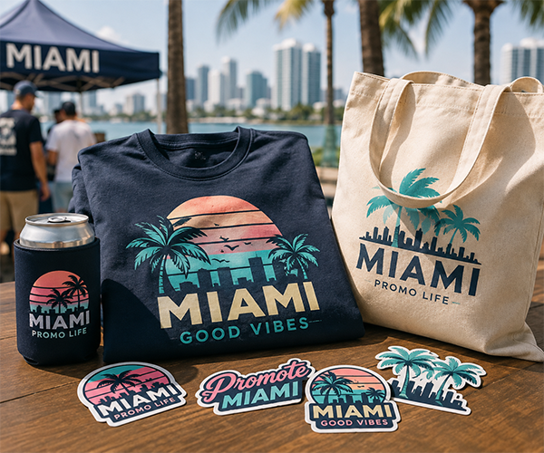 Custom promotional products in Miami including branded T-shirt, tote bag, can cooler, and stickers