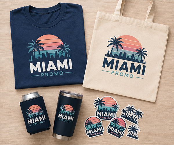 Custom Miami promotional products including t-shirts, tote bags, tumblers and stickers