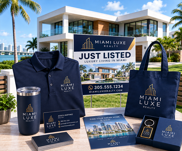 romote your real estate agency with custom branded yard signs, polo shirts, tumblers, tote bags, and business cards. Order custom printing today!