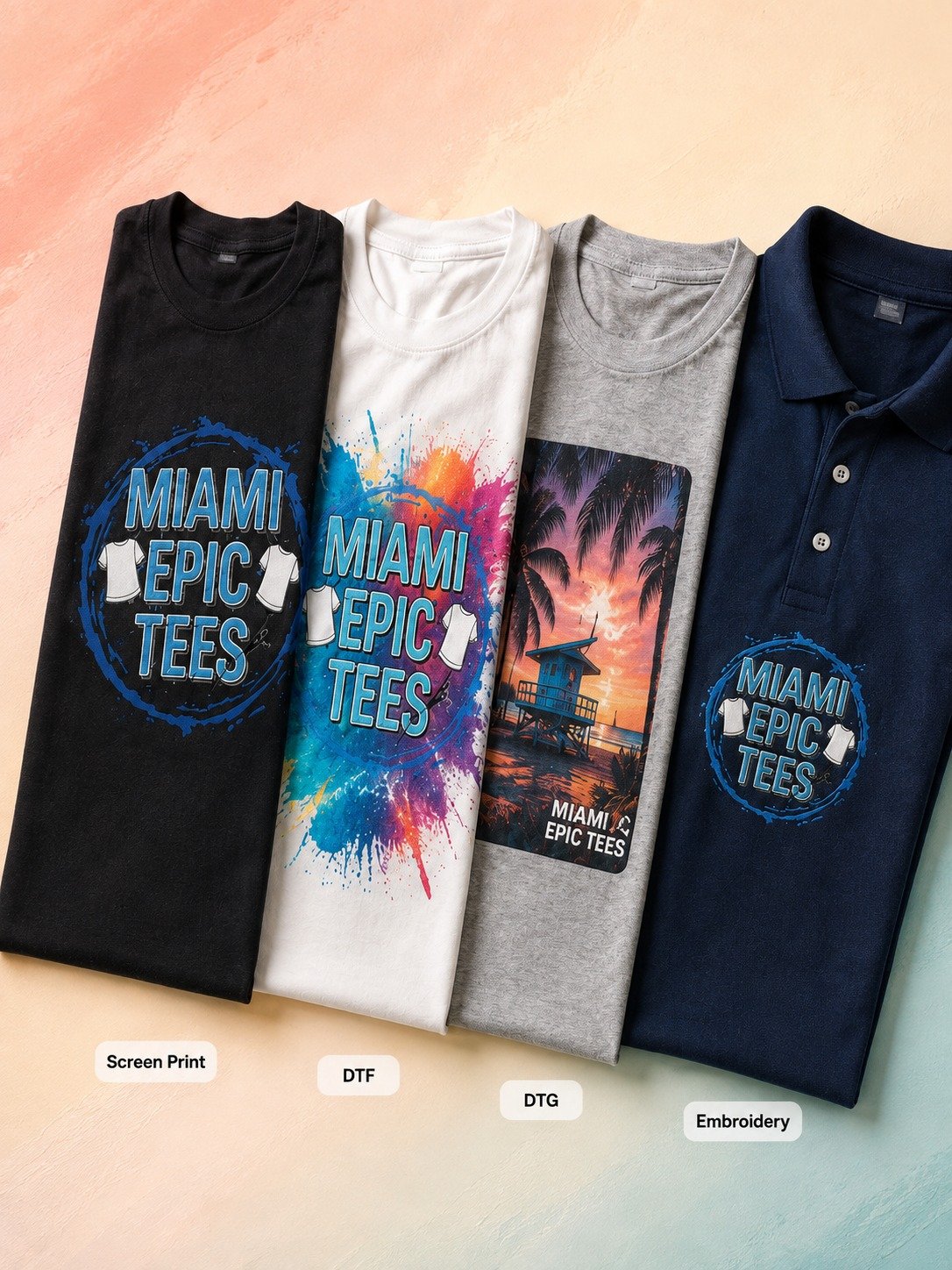 Custom Miami Epic Tees shirts showcasing screen printing, DTF, DTG, and embroidery options