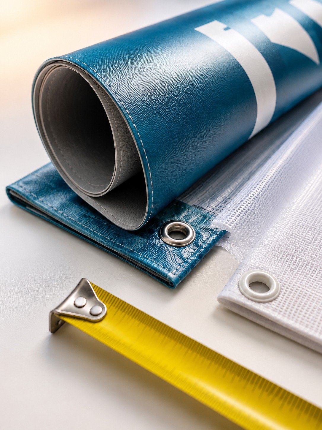 Close-up of durable vinyl banner material with reinforced edges and metal grommets