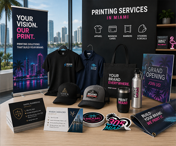 Custom printing services in Miami featuring apparel, business cards, banners, stickers, hats, drinkware, and promotional products