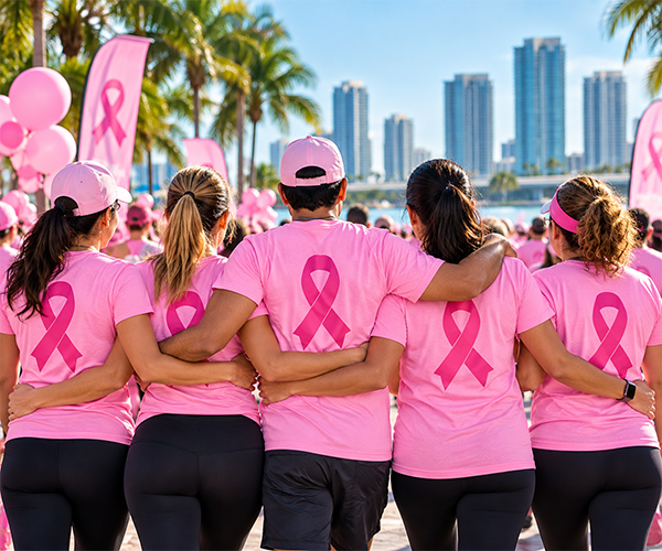 Pink breast cancer awareness shirts for a Miami community event