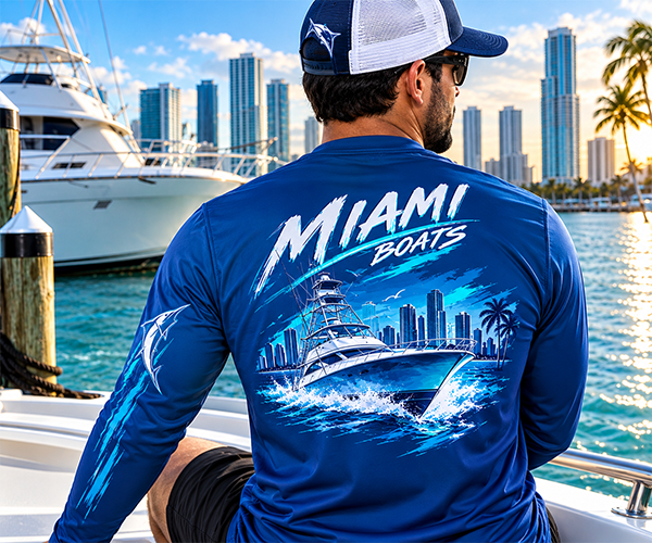 Custom Miami boating shirt with boat graphic and waterfront design