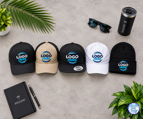 Custom branded caps and promotional products with logo printing in Miami