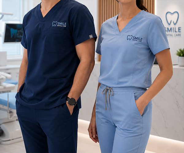Custom embroidered medical scrubs with dental clinic logo in Miami