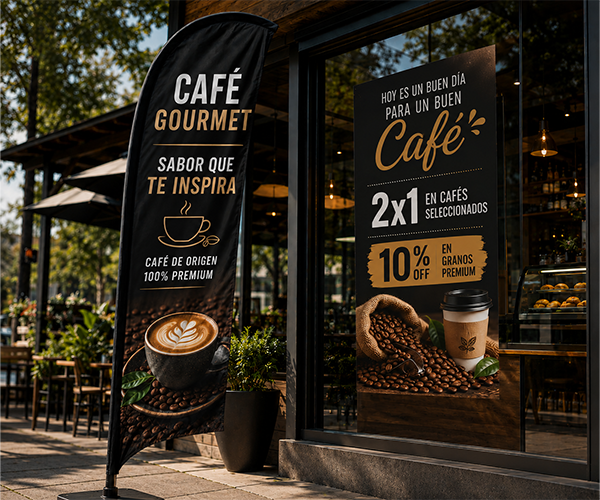 Custom cafe feather flag and promotional window signage in Miami