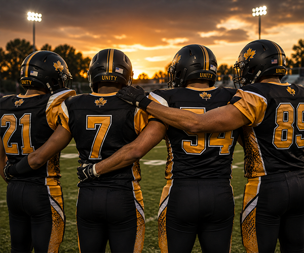 Custom football team uniforms with black and gold jerseys in Miami