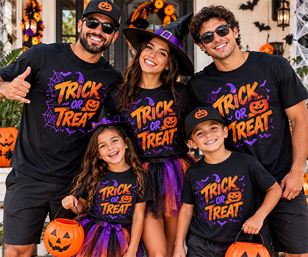 Custom Halloween family shirts with matching Trick or Treat designs in Miami