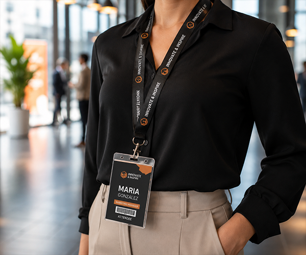 Custom branded lanyard and ID badge holder for business events in Miami