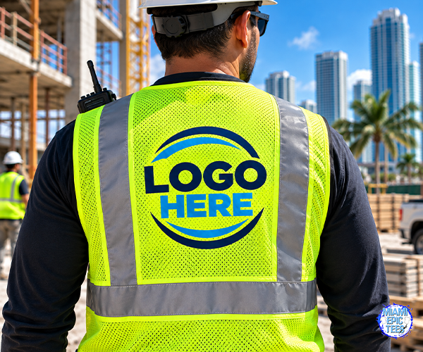 Construction worker seen from behind wearing a lime green high-visibility safety vest with reflective stripes and a custom blue circular logo that reads "BRIGHT CITY DEVELOPMENT" and "SAFETY SERVICE EXCELLENCE". A two-way radio is attached to the vest. The background shows a busy construction site with high-rise city buildings and a palm tree under a sunny sky.