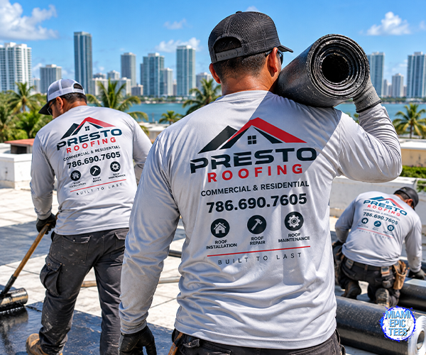 Roofing contractors wearing custom printed long sleeve work shirts on a commercial rooftop in Miami.