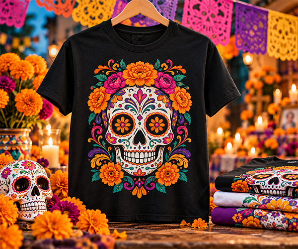 Custom Day of the Dead shirt with colorful sugar skull design