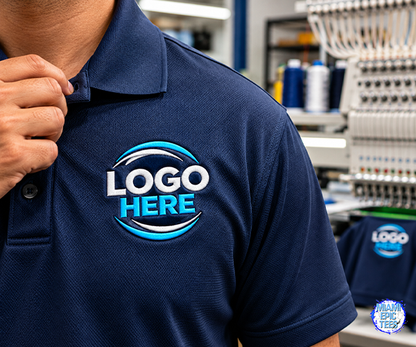 Custom embroidered polo shirt with company logo in Miami