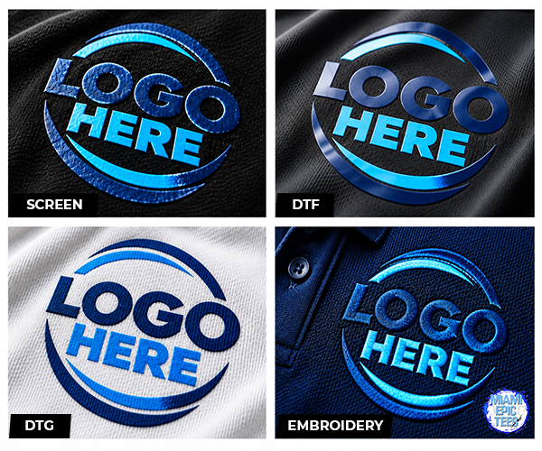 Print guide showing 4 ways to print your logo including screen printing, DTF, DTG, and embroidery.