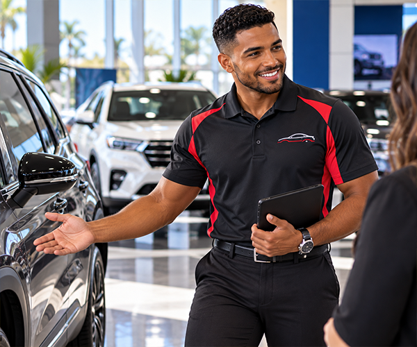 Custom black and red polo uniform worn by a car dealership sales representative in Miami