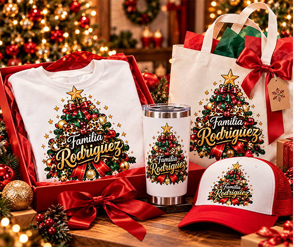 Custom Christmas family gifts featuring a personalized holiday T-shirt, tote bag, tumbler, and cap with a festive Christmas tree design