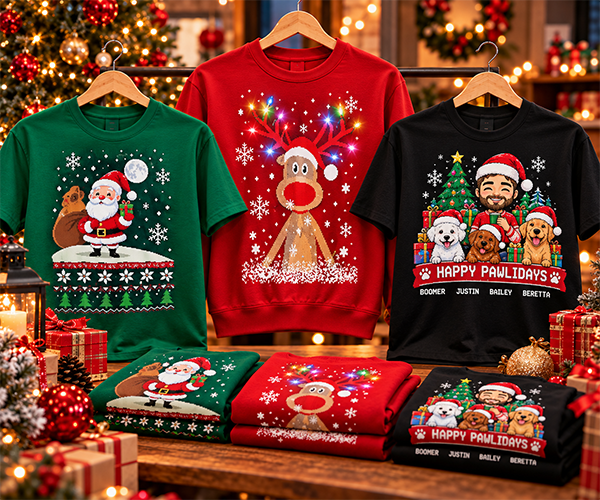 Custom printed Christmas apparel including a green Santa t-shirt, a red reindeer sweatshirt, and a black personalized pet shirt reading Happy Pawlidays displayed on hangers with festive decor.