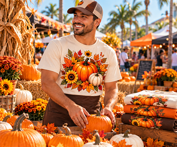 Custom fall shirt featuring pumpkins, sunflowers, and autumn leaves at a fall festival