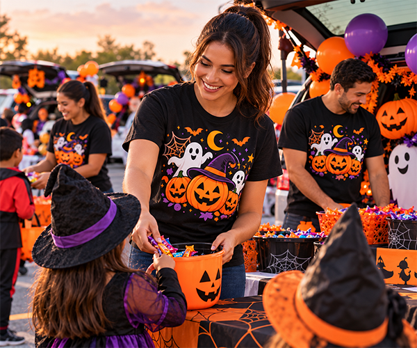 Custom Halloween shirts featuring pumpkins, ghosts, and spooky designs at a Miami trunk-or-treat event