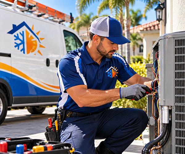 Custom embroidered HVAC work shirt worn by a Miami service technician