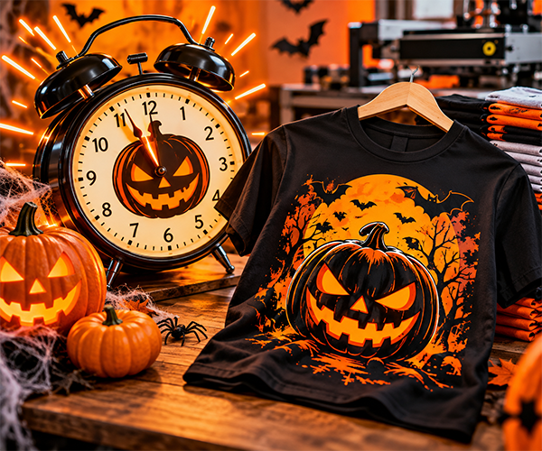 A black custom printed Halloween t-shirt featuring a spooky jack-o'-lantern graphic next to an alarm clock with a pumpkin face, carved pumpkins, cobwebs, and stacked shirts on a wooden table.