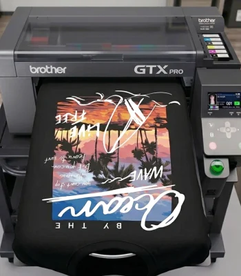 Brother GTX Pro printer creating a custom full-color t-shirt design in Miami