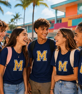 High school students wearing matching custom spirit wear T-shirts with a school logo in Miami, celebrating school pride and back-to-school season.