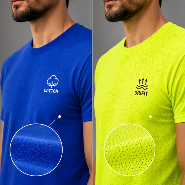 Side-by-side comparison of cotton and Dri-FIT fabrics to help choose the best material for custom printed t-shirts and uniforms.