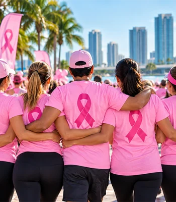 Pink breast cancer awareness shirts for a Miami community event