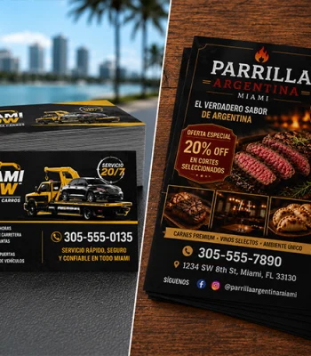 Custom business cards and promotional flyers printed in Miami, showcasing professional marketing materials for local businesses by Miami Epic Tees.