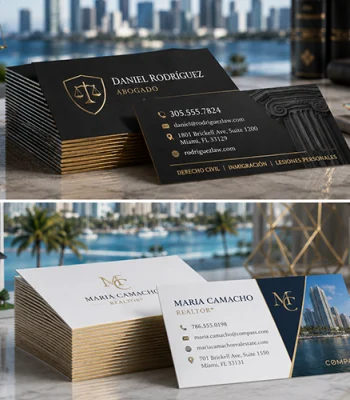 Custom business cards for a Miami lawyer and realtor with professional branded designs