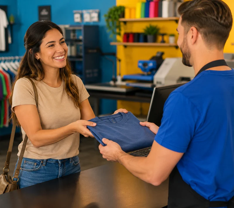 Can You Print on Clothes I Already Have? Customer handing over a t-shirt at a custom print shop to have an existing garment personalized with custom printing.