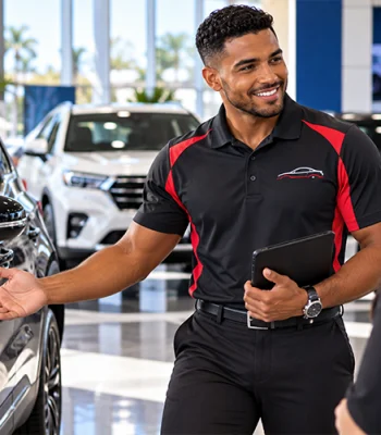 Custom black and red polo uniform worn by a car dealership sales representative in Miami