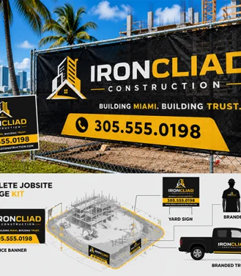 Custom construction jobsite signage in Miami including fence banners, yard signs, branded workwear, and vehicle graphics for contractors and construction companies.