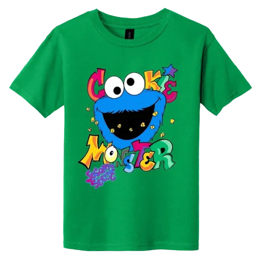 cookie-monster-green-dtg-shirt-miami-epic-tees Green DTG printed t-shirt with Cookie Monster cartoon design by Miami Epic Tees