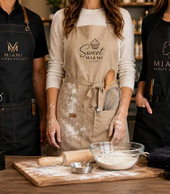 Custom branded aprons with embroidered and printed logos for barbershops, bakeries, and beauty salons in Miami
