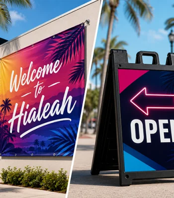 Custom vinyl banner and A-frame sidewalk sign used for business advertising and storefront promotions in Miami.