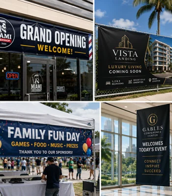 Custom banners and business signage for a barbershop, construction site, event, and conference center in Miami