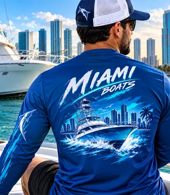 Custom Miami boating shirt with boat graphic and waterfront design