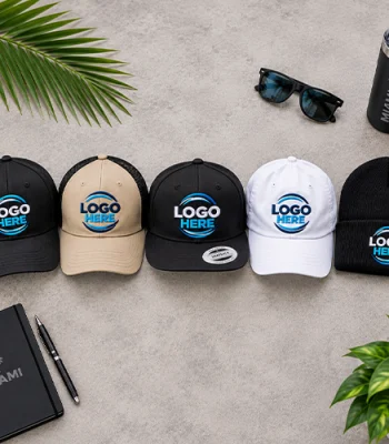 Custom branded caps and promotional products with logo printing in Miami