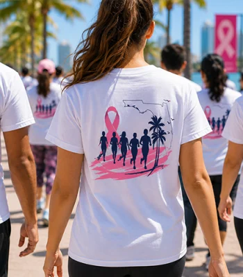 Design custom t-shirts for breast cancer awareness walks and charity runs. Premium printed shirts for teams, fundraisers, and community events. Order today!